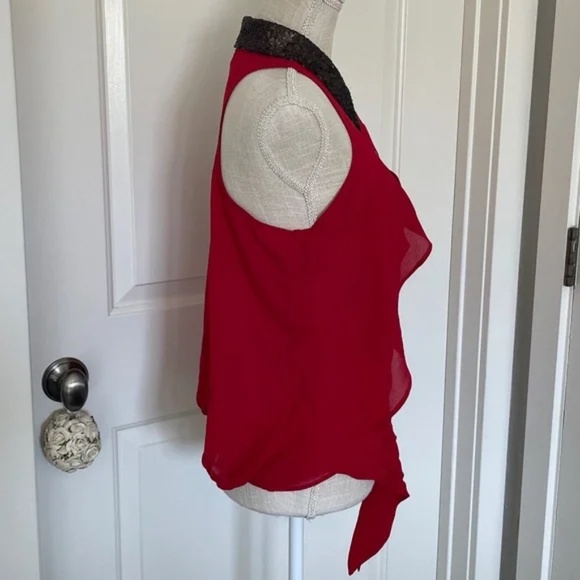 XOXO | Vintage Y2K Red Sleeveless Sheer Blouse with Gold Sequin Collar, Size M - Picture 6 of 13